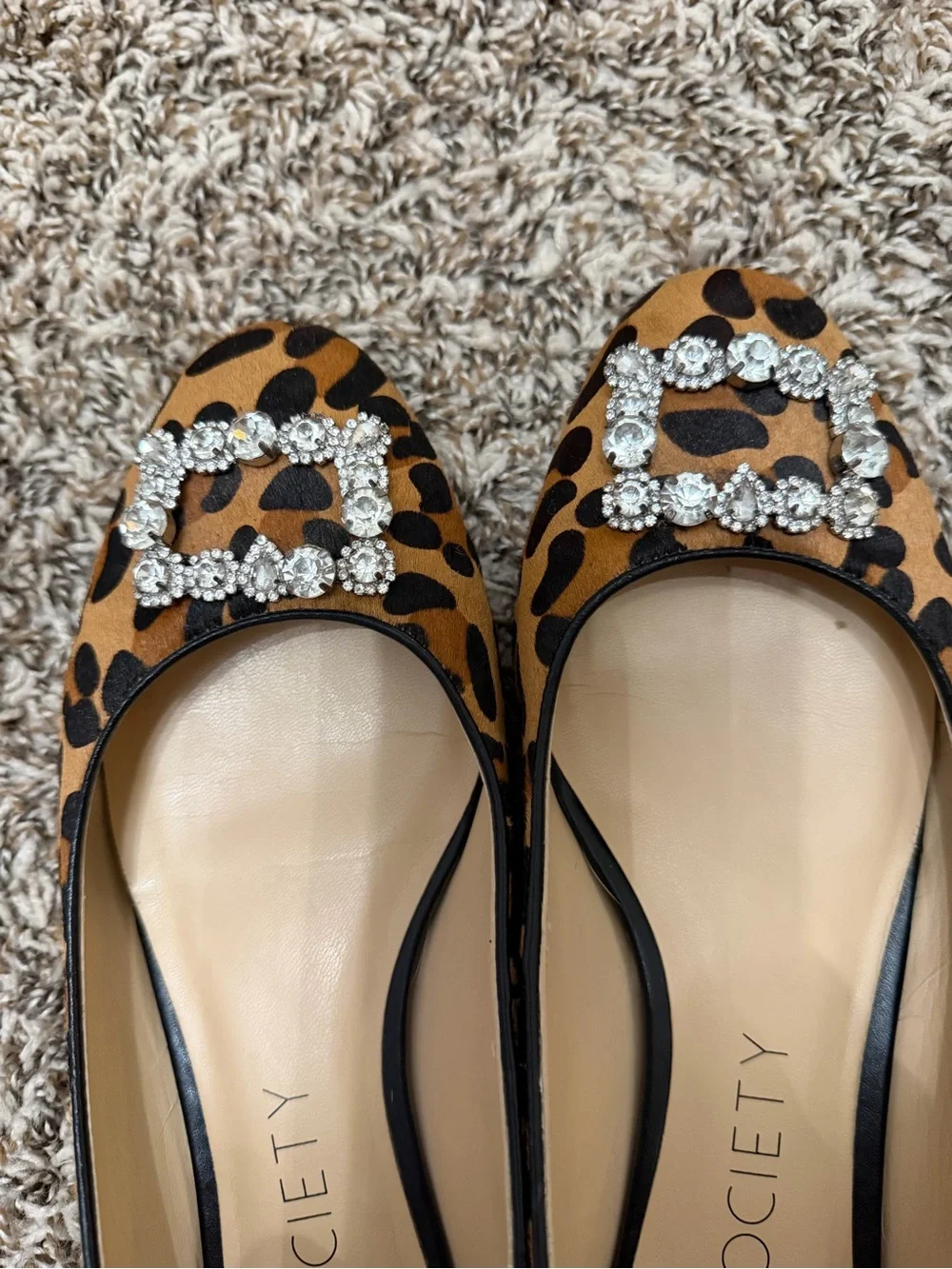 Sole Society Leopard Print Flats with Crystal Buckle - Tan/Black